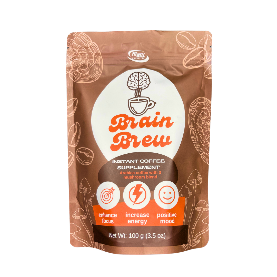Bag of Brain Brew instant coffee supplement with focus, energy, and mood benefits.