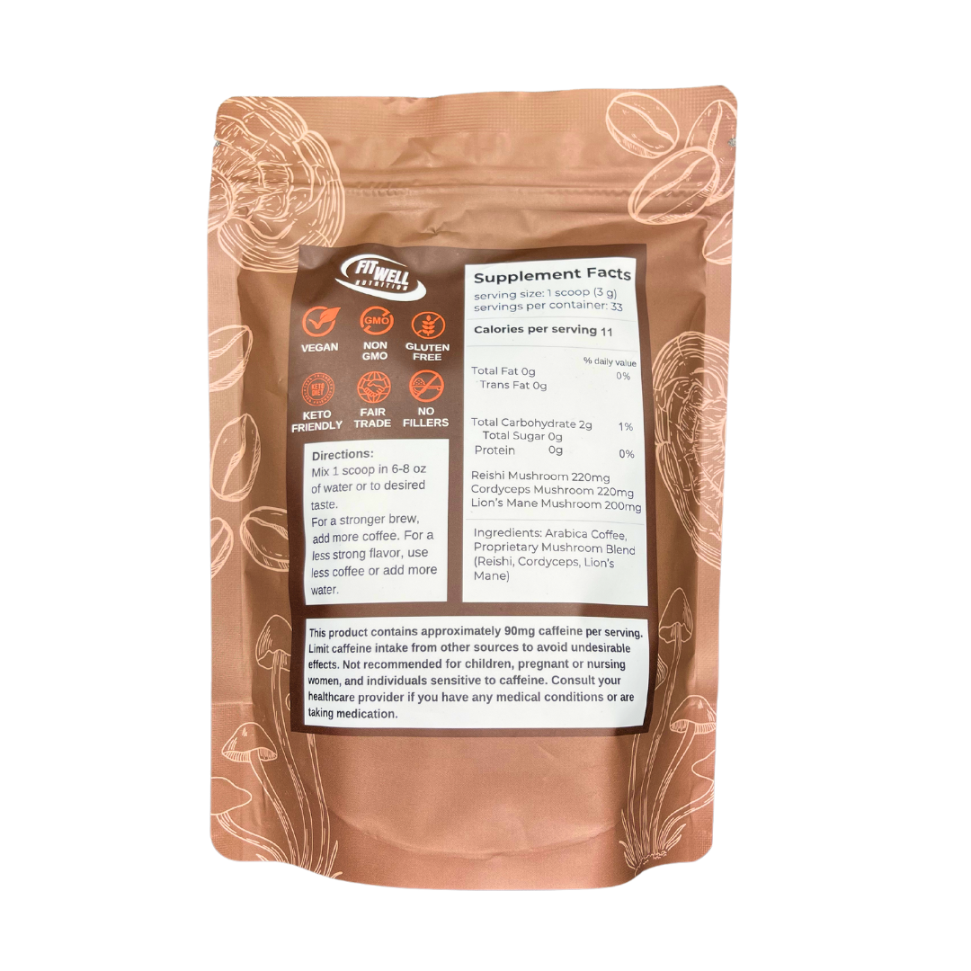 A coffee supplement packaging with nutritional information and ingredients listed on the back.