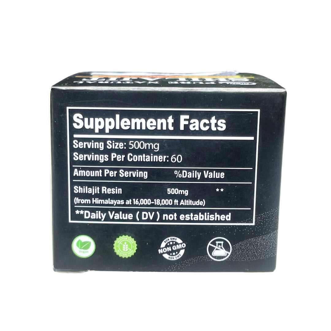 Supplement facts label for Shilajit Resin, 500 mg per serving, 60 servings per container.