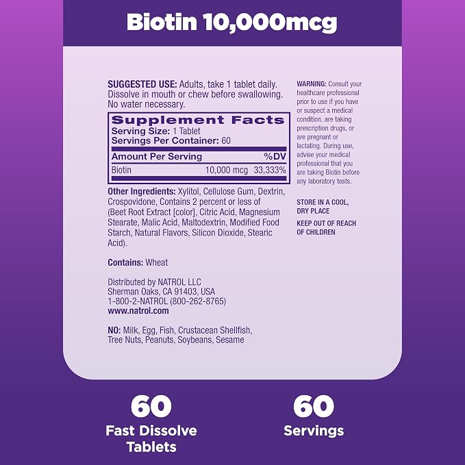 Natrol Biotin Fast Dissolve 10,000 mcg 60 Tablets Strawberry