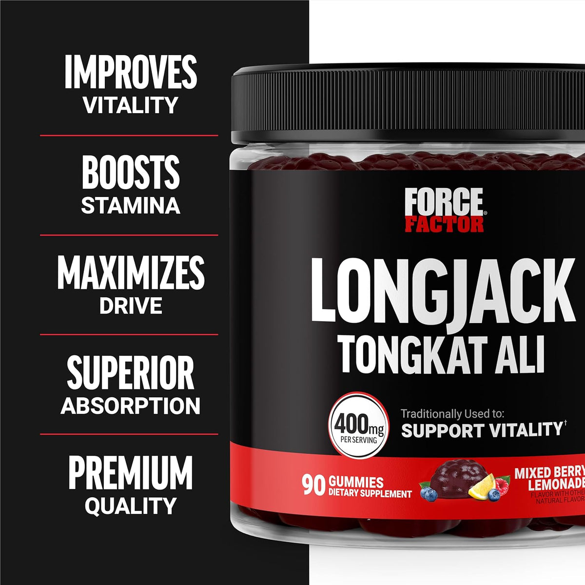 Force Factor Long Jack Gummies, Mixed Berry Lemonade 90ct