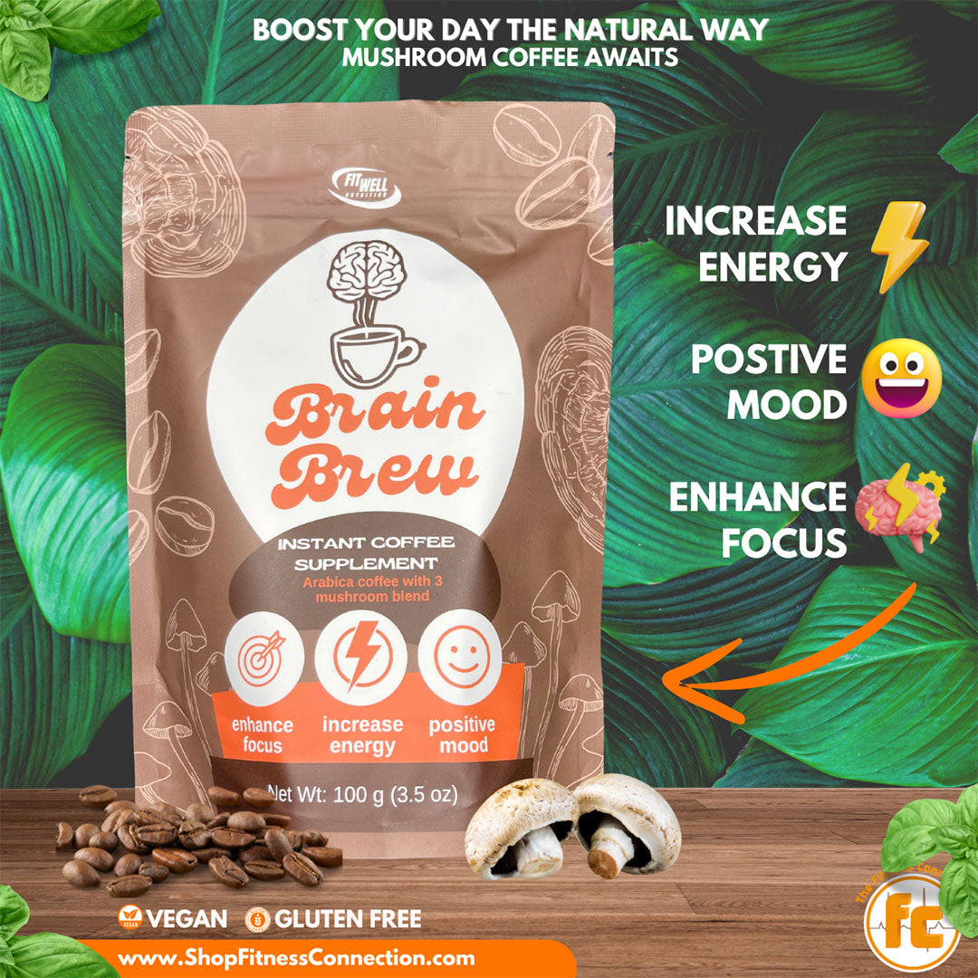 Brain Brew mushroom coffee supplement packaging with benefits like energy, mood, and focus enhancement.