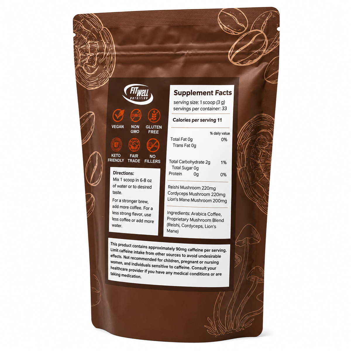 Fit Well Brain Brew Instant Coffee with 3 Mushroom Blend, 3.5 oz