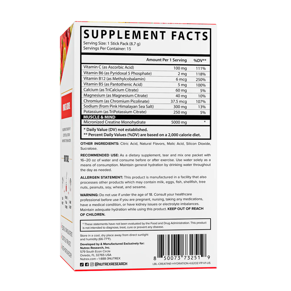 Nutrex Creatine + Hydration Sticks Pack 15ct