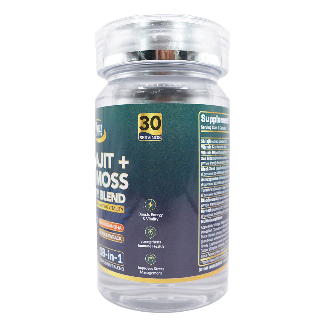 Bottle of Shilajit + Sea Moss dietary supplement with 30 servings.