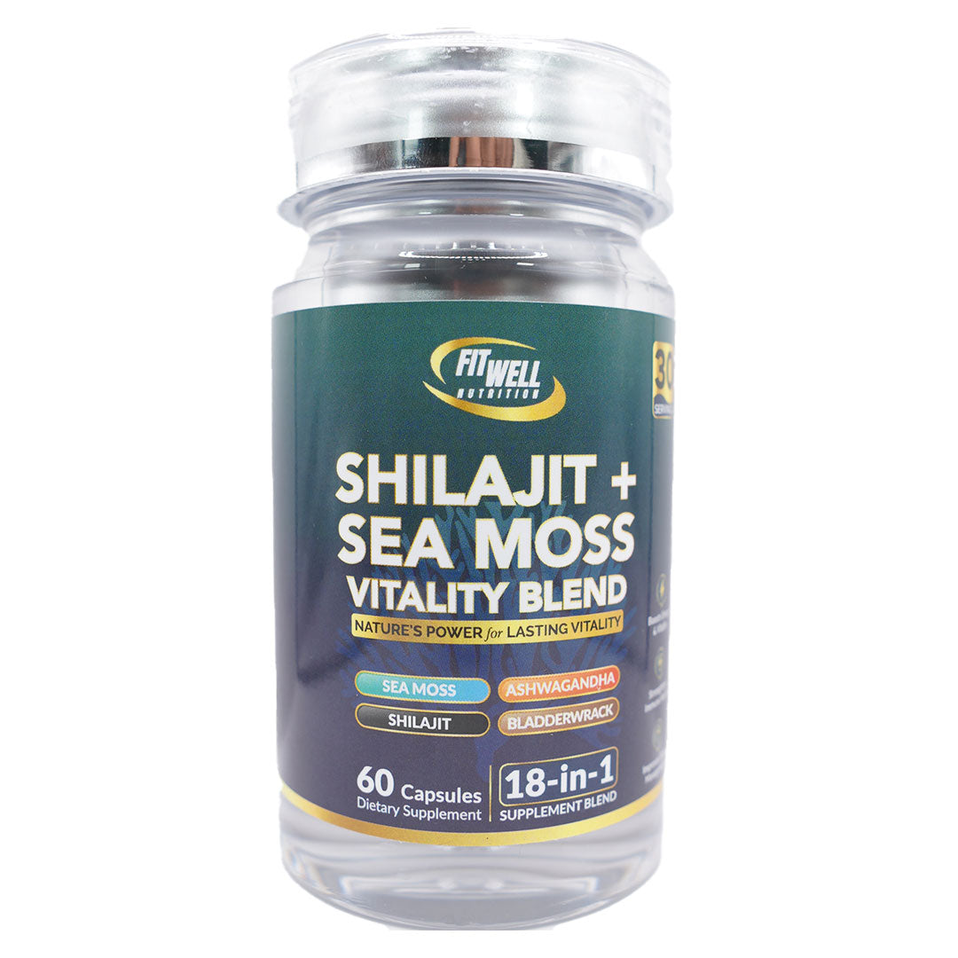 Supplement bottle labeled 'Shilajit + Sea Moss Vitality Blend.'