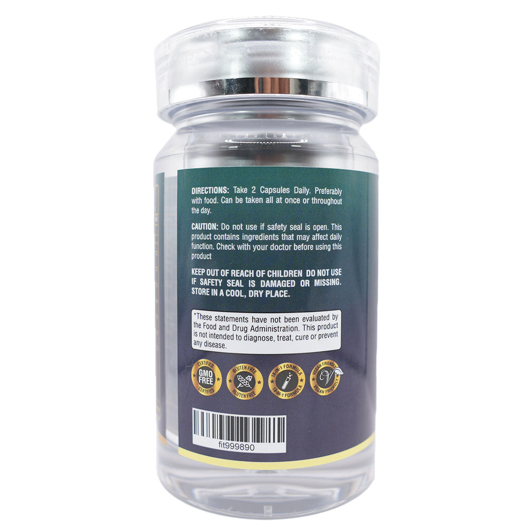 Supplement bottle with usage instructions, caution, and dietary certifications on the label.