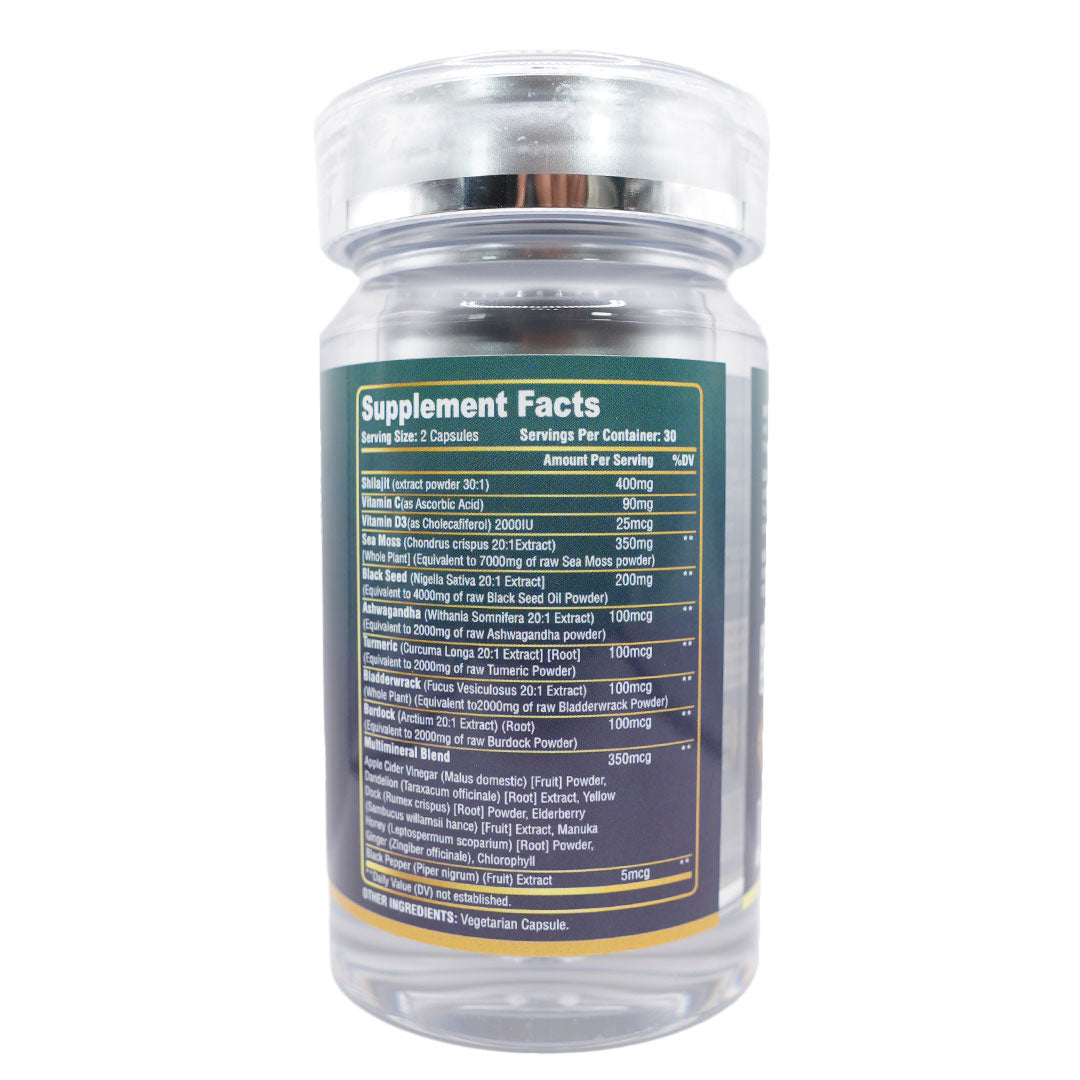 A clear bottle displaying supplement facts label with various ingredient details.