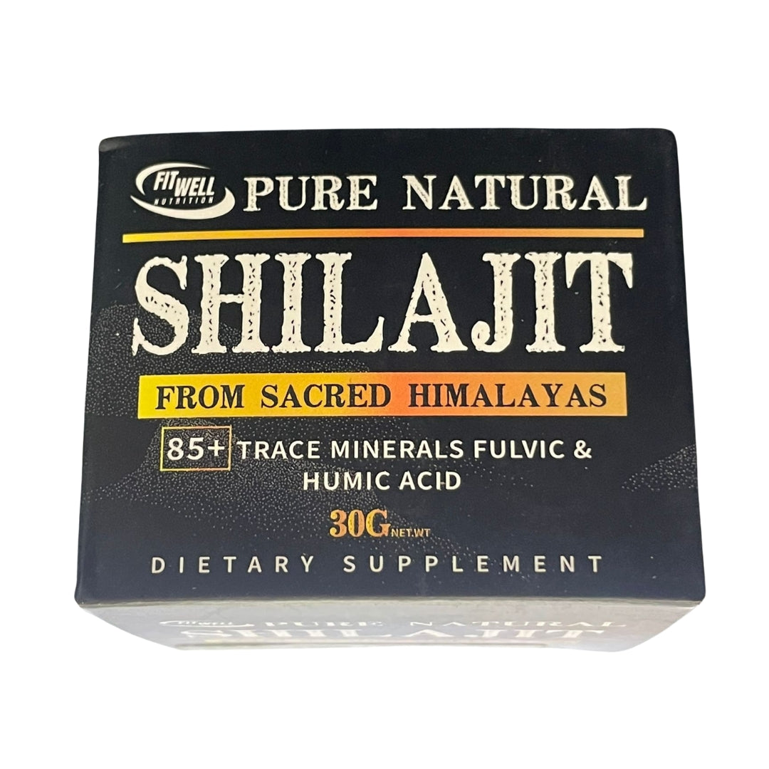 Packaging of pure natural Shilajit dietary supplement from the Himalayas.