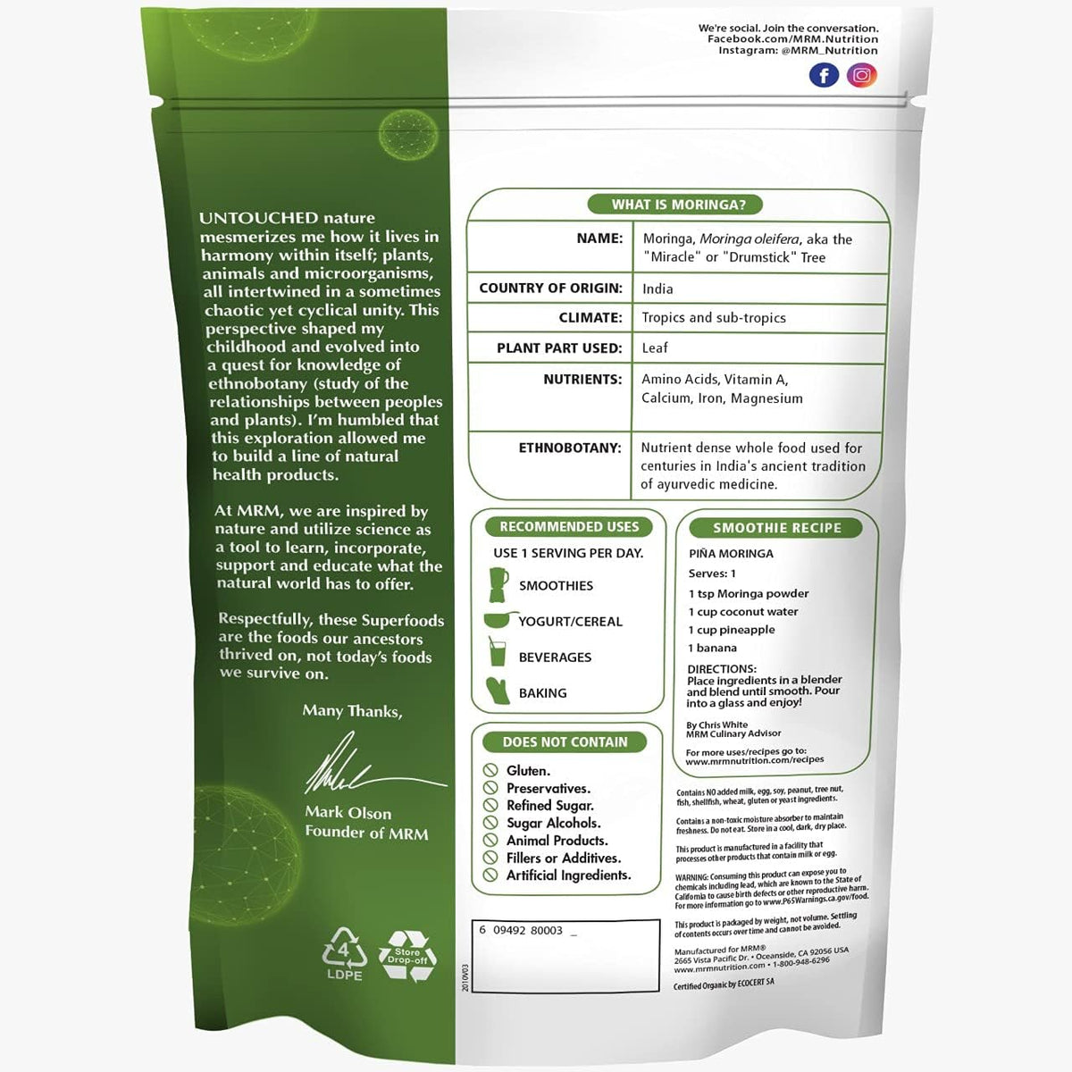 MRM Raw Organic Moringa Powder 8.5oz