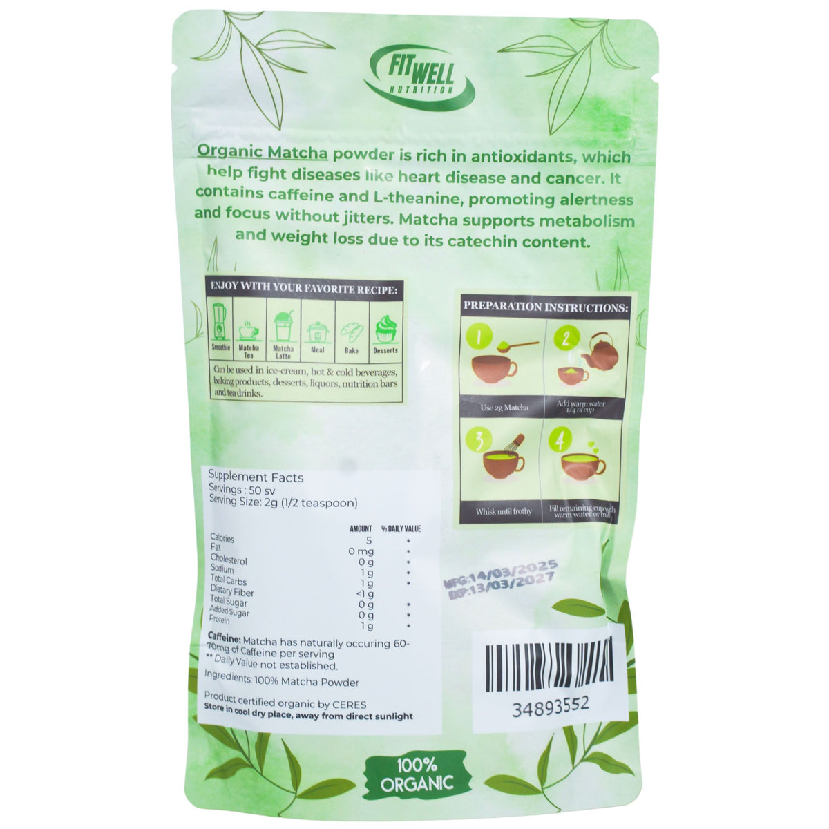 FitWell Organic Matcha Green Tea Powder, 3.5 oz