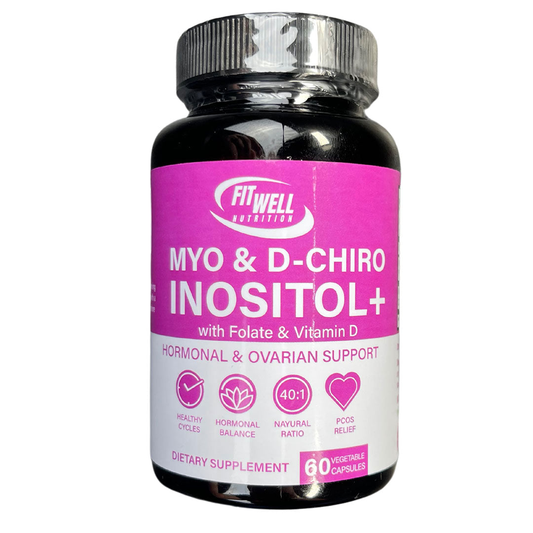 FitWell Nutrition Myo & D-Chiro Inositol supplement bottle for hormonal and ovarian support.