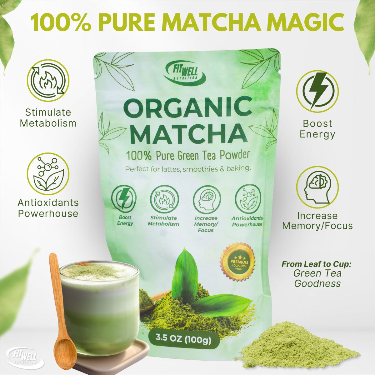 FitWell Organic Matcha Green Tea Powder, 3.5 oz