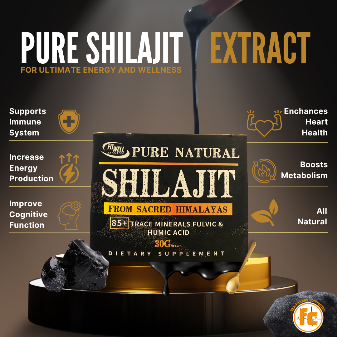 Packaging of Pure Shilajit Extract from the Himalayas, highlighting health benefits and natural ingredients.