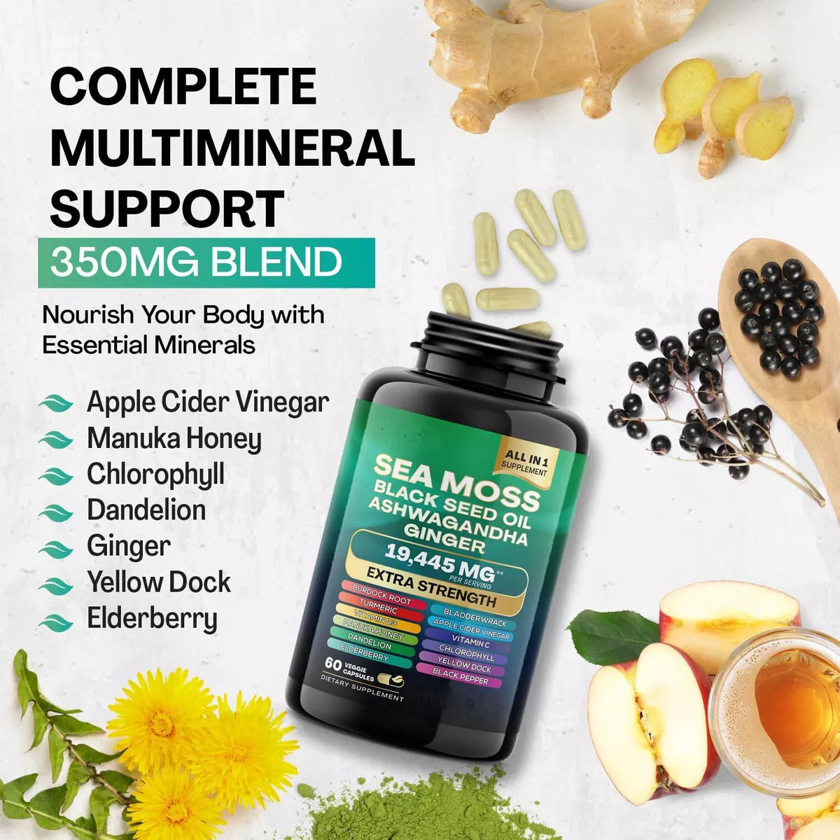 Sea Moss, Black Seed Oil, Ashwagandha, Ginger Pills 19,445 mg, 60ct