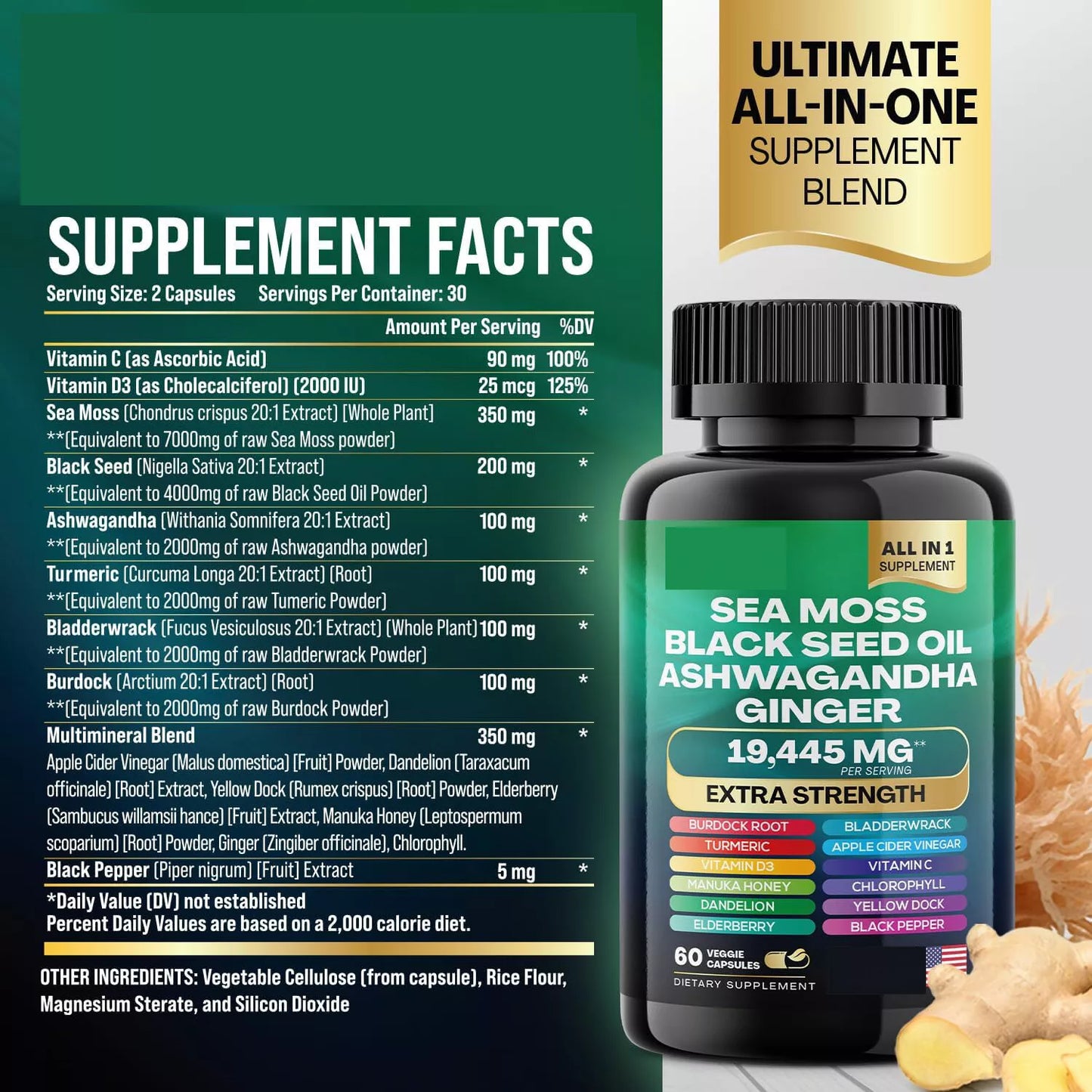 Sea Moss, Black Seed Oil, Ashwagandha, Ginger Pills 19,445 mg, 60ct