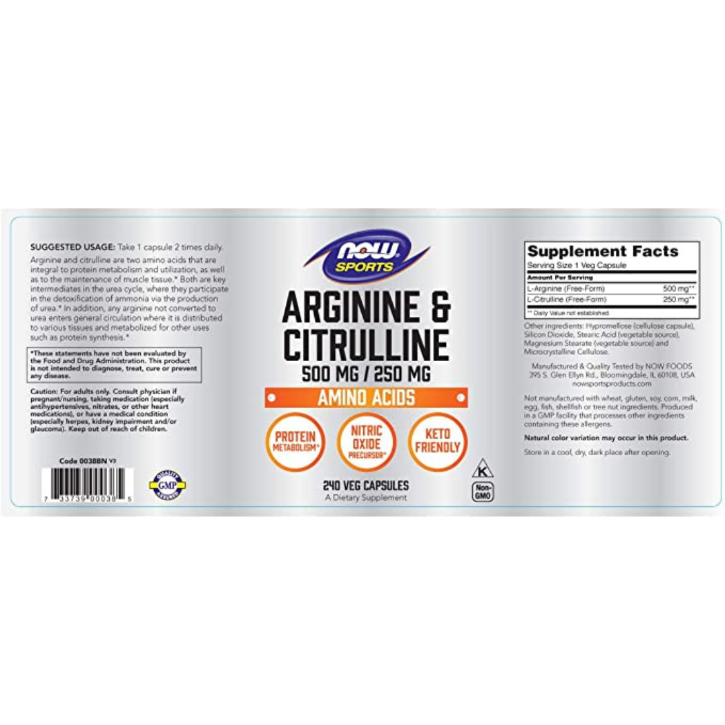 NOW Sports||Arginine & Citrulline|| Amino Acids||140  Veg Capsules